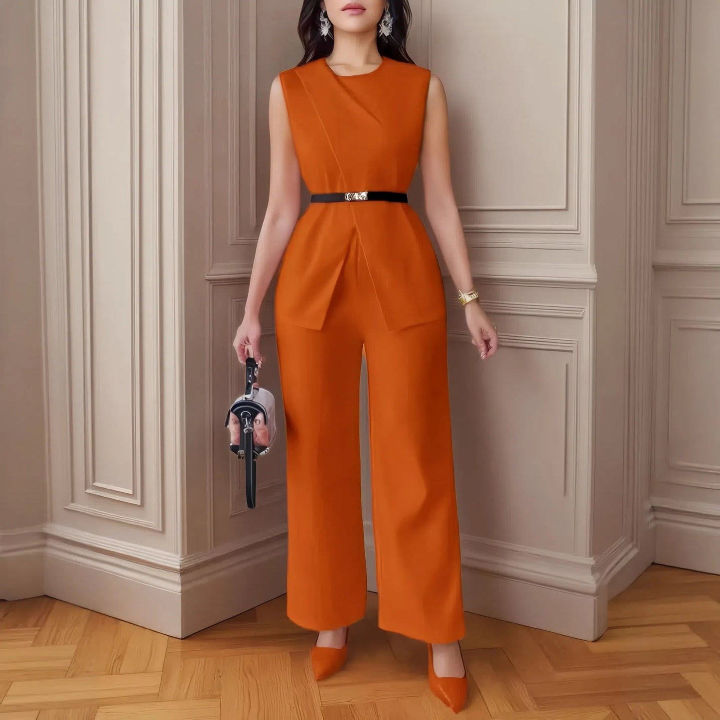 Women's Solid Color Sleeveless Belt Two-piece Casual Suits