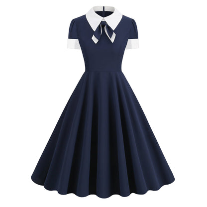Collar Bow Contrast Color Sleeve Retro Dresses