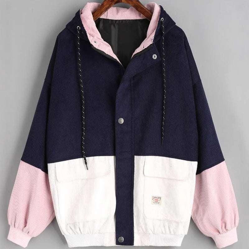 College Style Loose Color Matching Hooded Coats