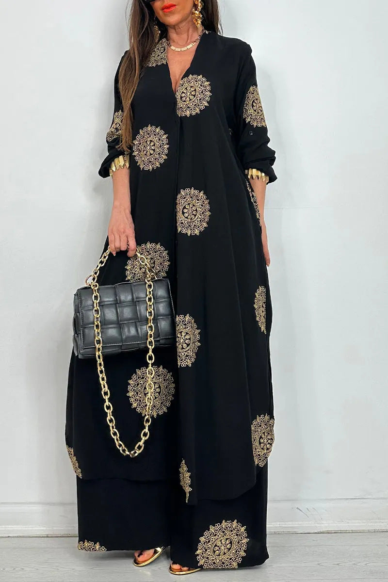Women's Loose Long Printed Robe Two-piece Set Tops