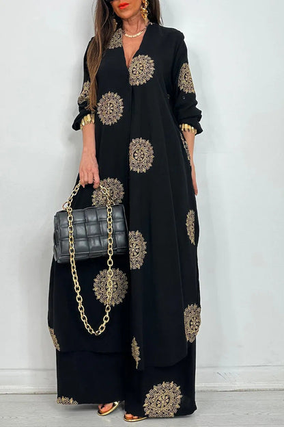 Women's Loose Long Printed Robe Two-piece Set Tops