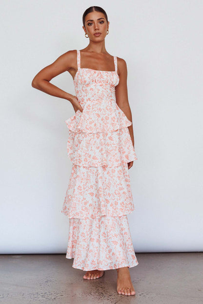 Women's Waist Trimming Spaghetti Straps Printed Long Dresses