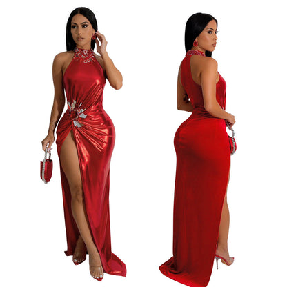 Women's High Slit Solid Color Rhinestone Dress Clothing