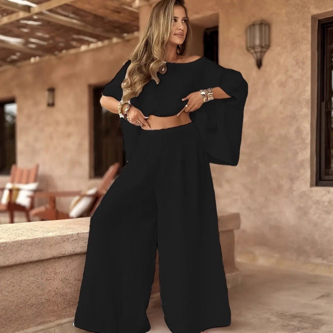 Women's Solid Color Elegant Two-piece Round Neck Wide Suits