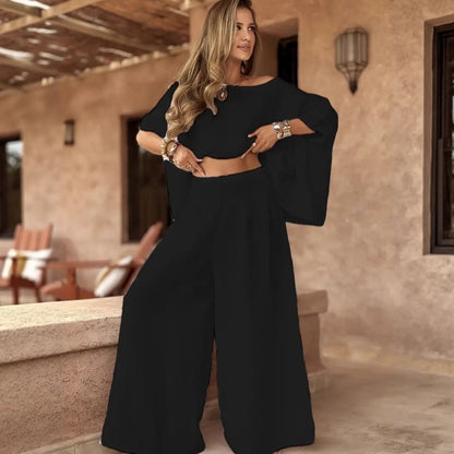 Women's Solid Color Elegant Two-piece Round Neck Wide Suits