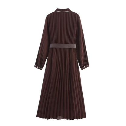 Autumn Fashion Simple With Belt Pleated Lapel Dresses