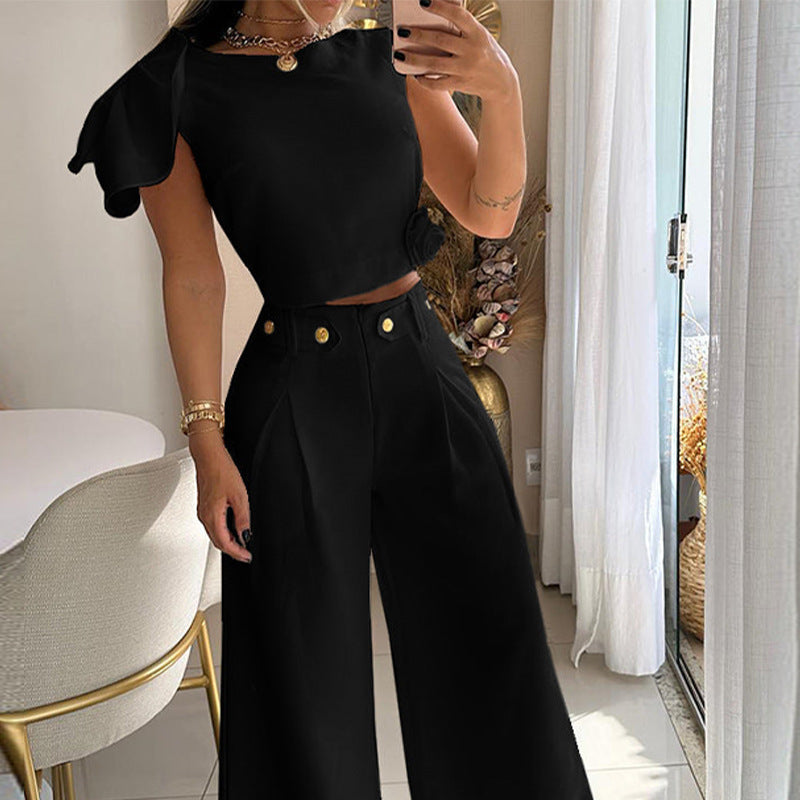 Women's Autumn Fashion Solid Color Single Room Petal Sleeve High Suits
