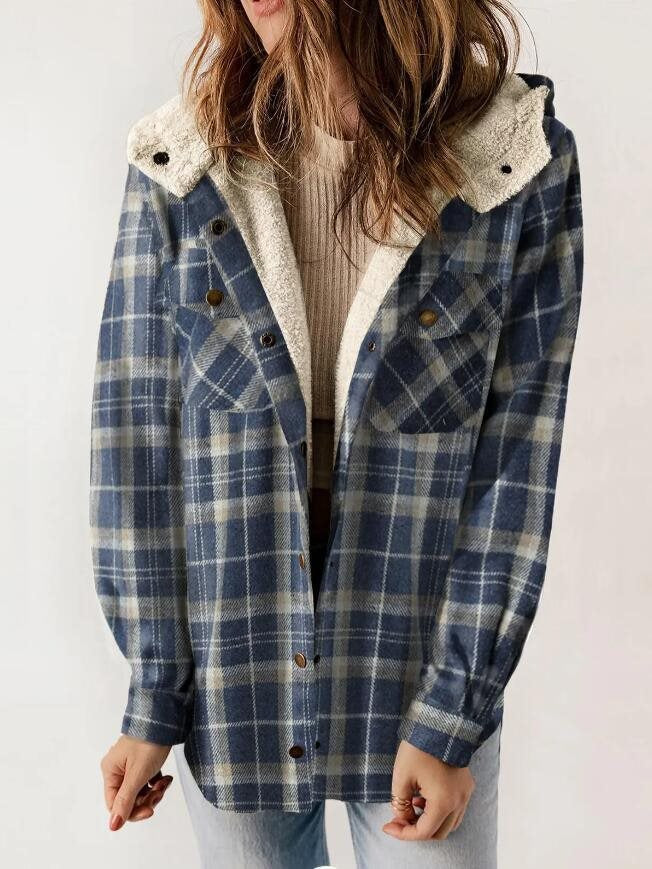 Women's Plaid Long Sleeve Furry Hooded With Jackets