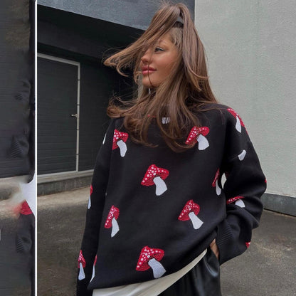 Women's Long Loose Mushroom Retro Crew Neck Sleeve Sweaters