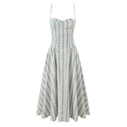 Women's Fashion Sweet French Green Striped Cotton Dresses