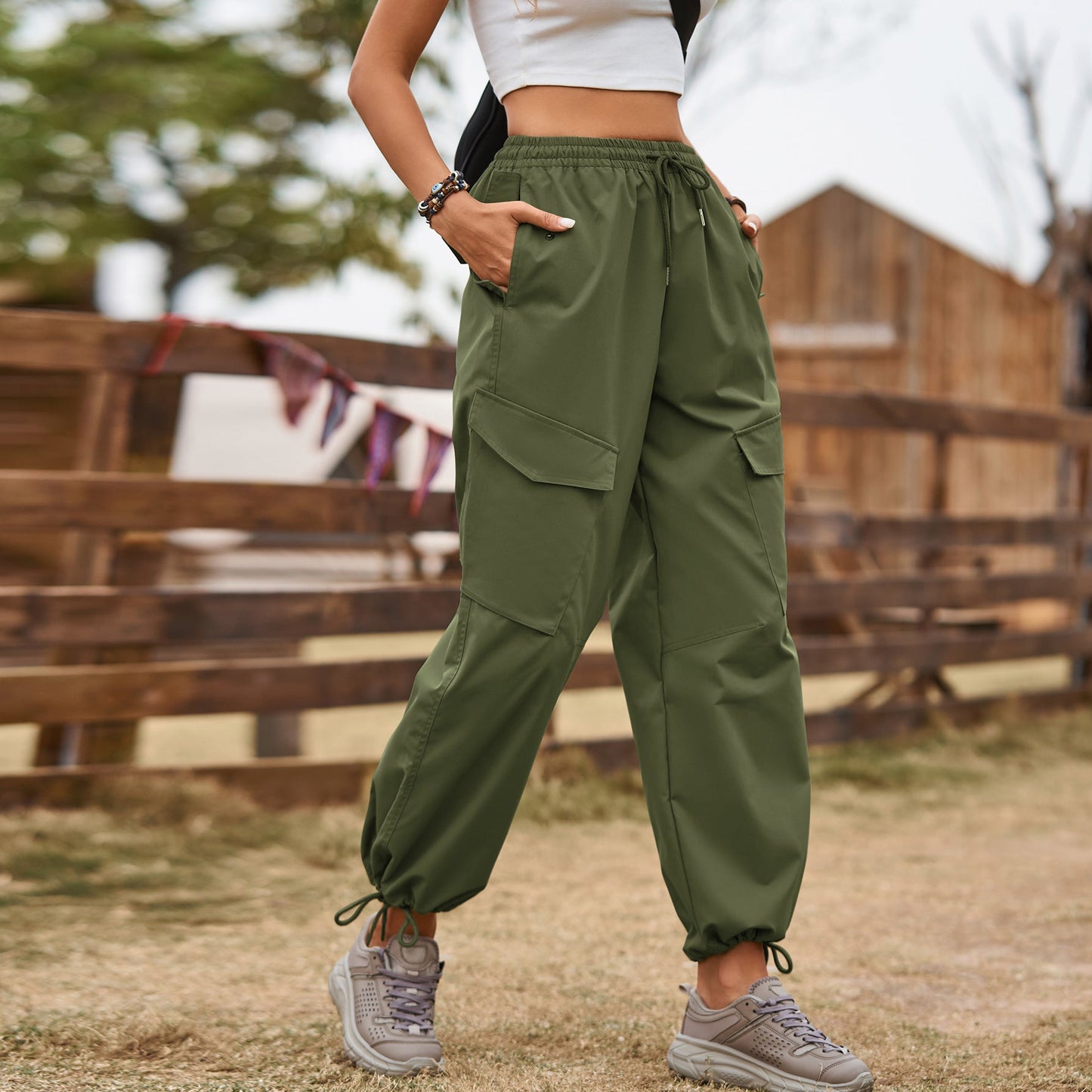 American Street Loose Drawstring Elastic Waist Overalls Pants