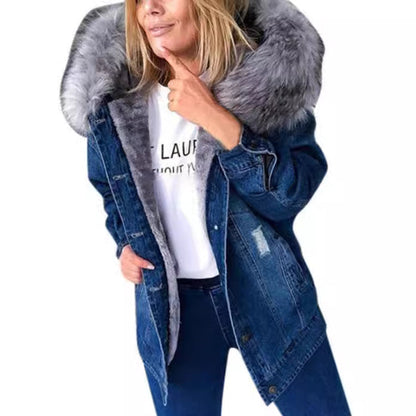 Fur Collar Denim Warm Mid-length Ripped Coats