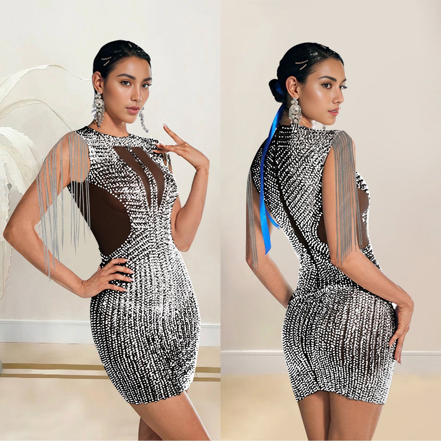 Women's Fashion Wear Tassel Rhinestone Sleeveless Dress Dresses
