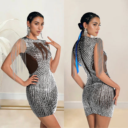 Women's Fashion Wear Tassel Rhinestone Sleeveless Dress Dresses
