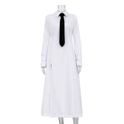 Women's Elegant College Style Lapel Long Sleeve Split Dresses
