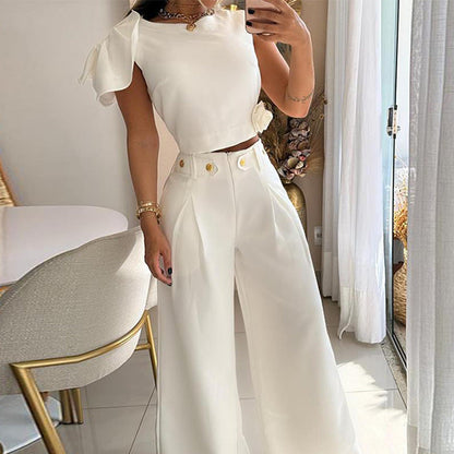 Women's Autumn Fashion Solid Color Single Room Petal Sleeve High Suits