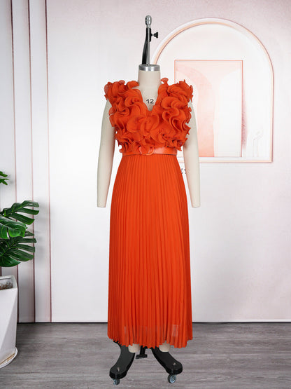 Women's African Three-dimensional Flower Sleeveless High Waist Dresses