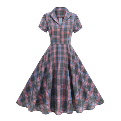 British Plaid Retro Elegant Collar Mid-length Large Dresses