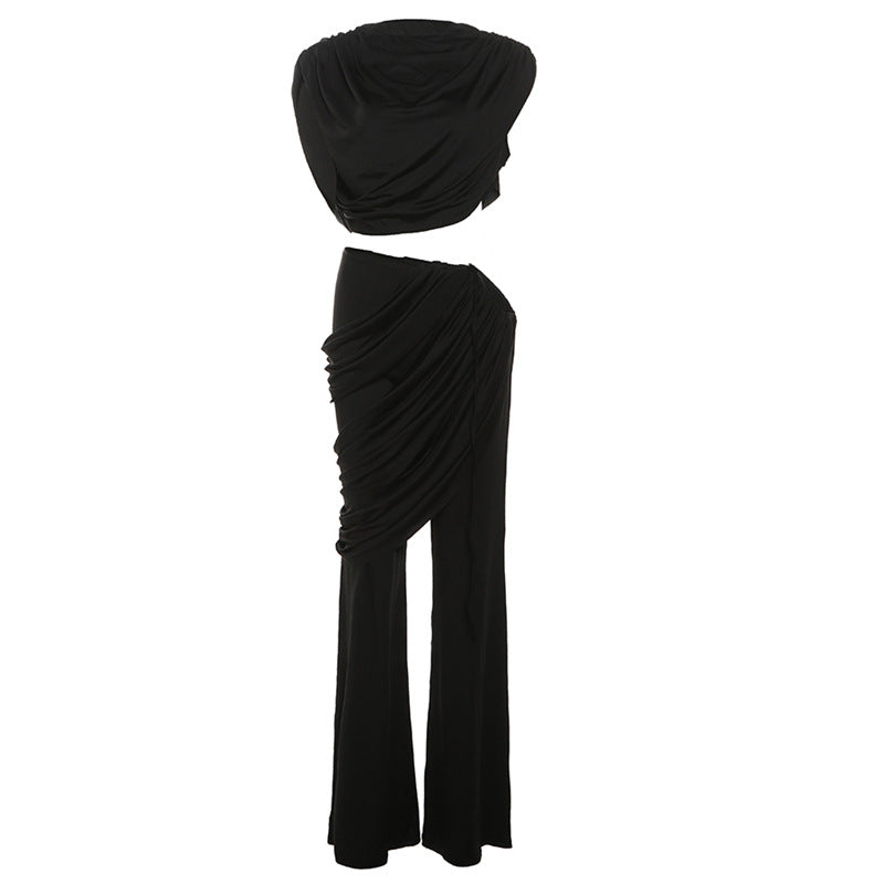 Women's Pleated Round Neck T-shirt Solid Color Pants