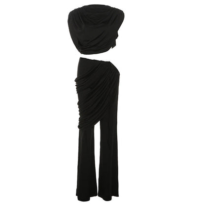 Women's Pleated Round Neck T-shirt Solid Color Pants