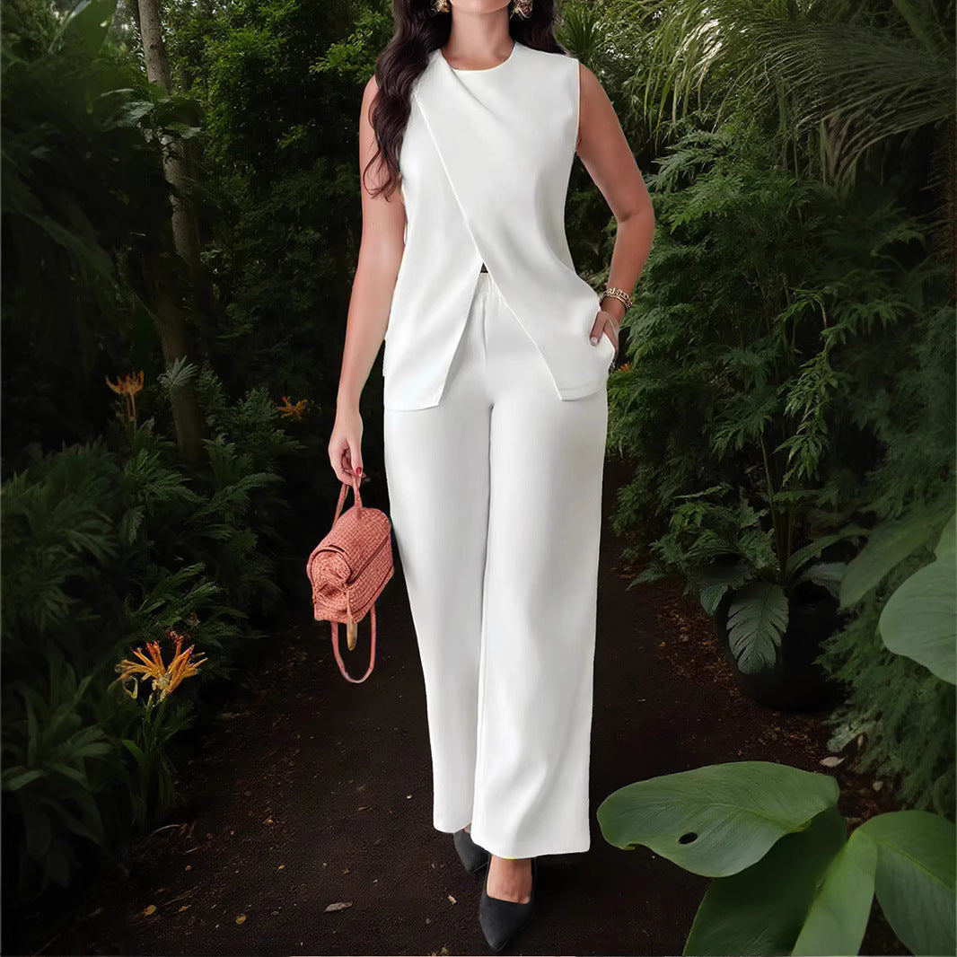 Women's Solid Color Sleeveless Belt Two-piece Casual Suits
