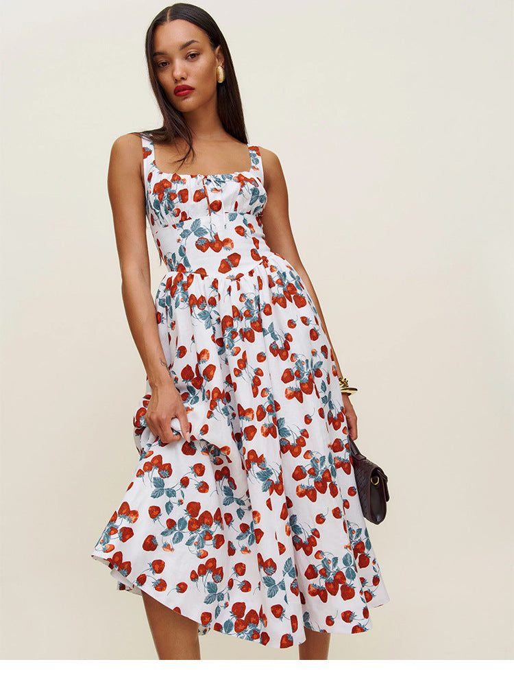 Printed Strawberry Square Collar Mid-length Vacation Dresses