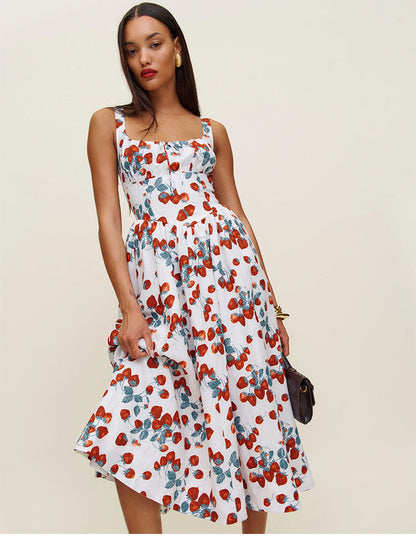 Printed Strawberry Square Collar Mid-length Vacation Dresses