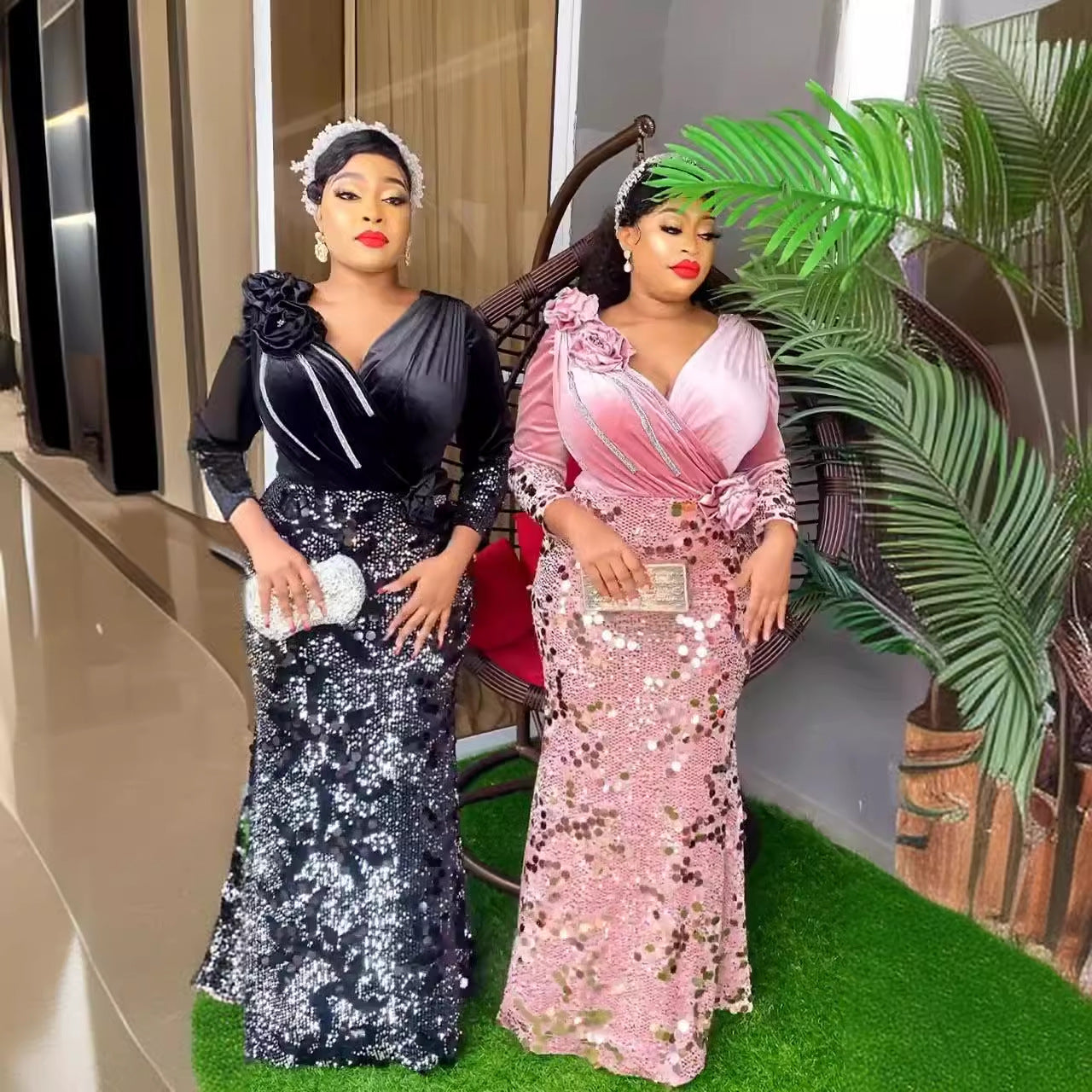 Luxury African Fashion Slim Veet Sequined Dresses