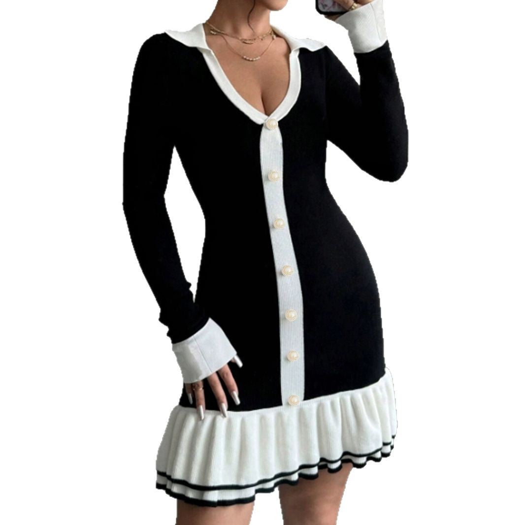 Pleated Contrast Color Lapels Button Long Dresses