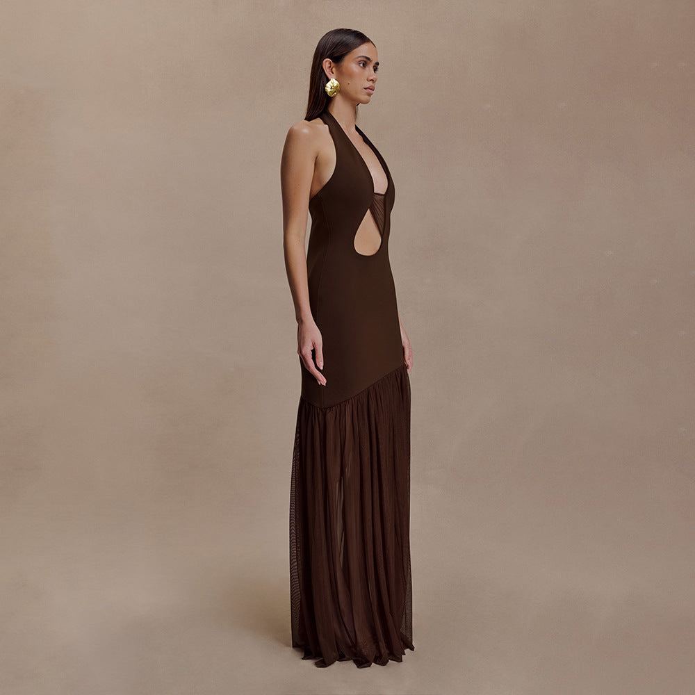 Women's Mesh Stitching Halter Dress Fitted Waist Dresses