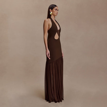 Women's Mesh Stitching Halter Dress Fitted Waist Dresses
