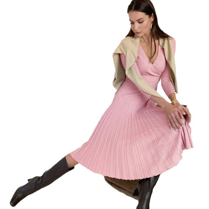 Women's Elegant Long-sleeved Wrapped Chest Mid-length Knitted Pleated Dresses