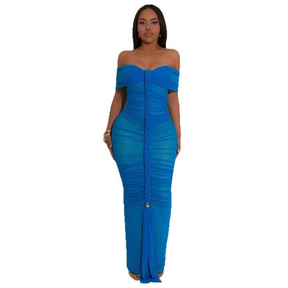 Women's Fashion Sexy Pleated Mesh Maxi Dress Dresses