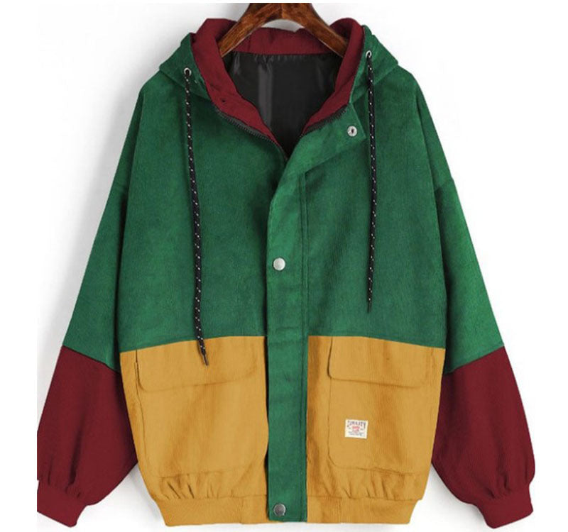 College Style Loose Color Matching Hooded Coats