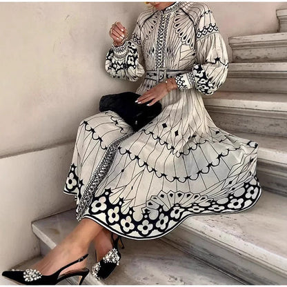 Women's Style Elegant Long-sleeved Printed Large Swing Dresses