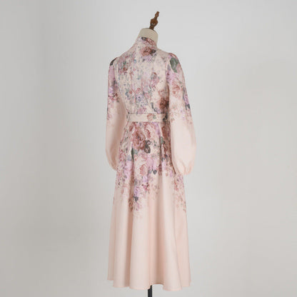 Style Stand-up Collar Puff Sleeve Single-breasted Positioning Dresses