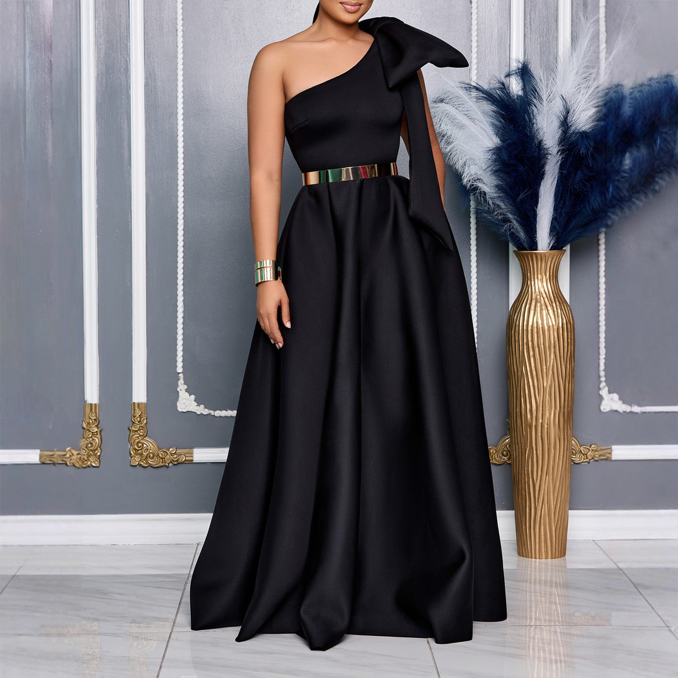 Graceful Fashionable Oblique Shoulder Bow Banquet Dresses