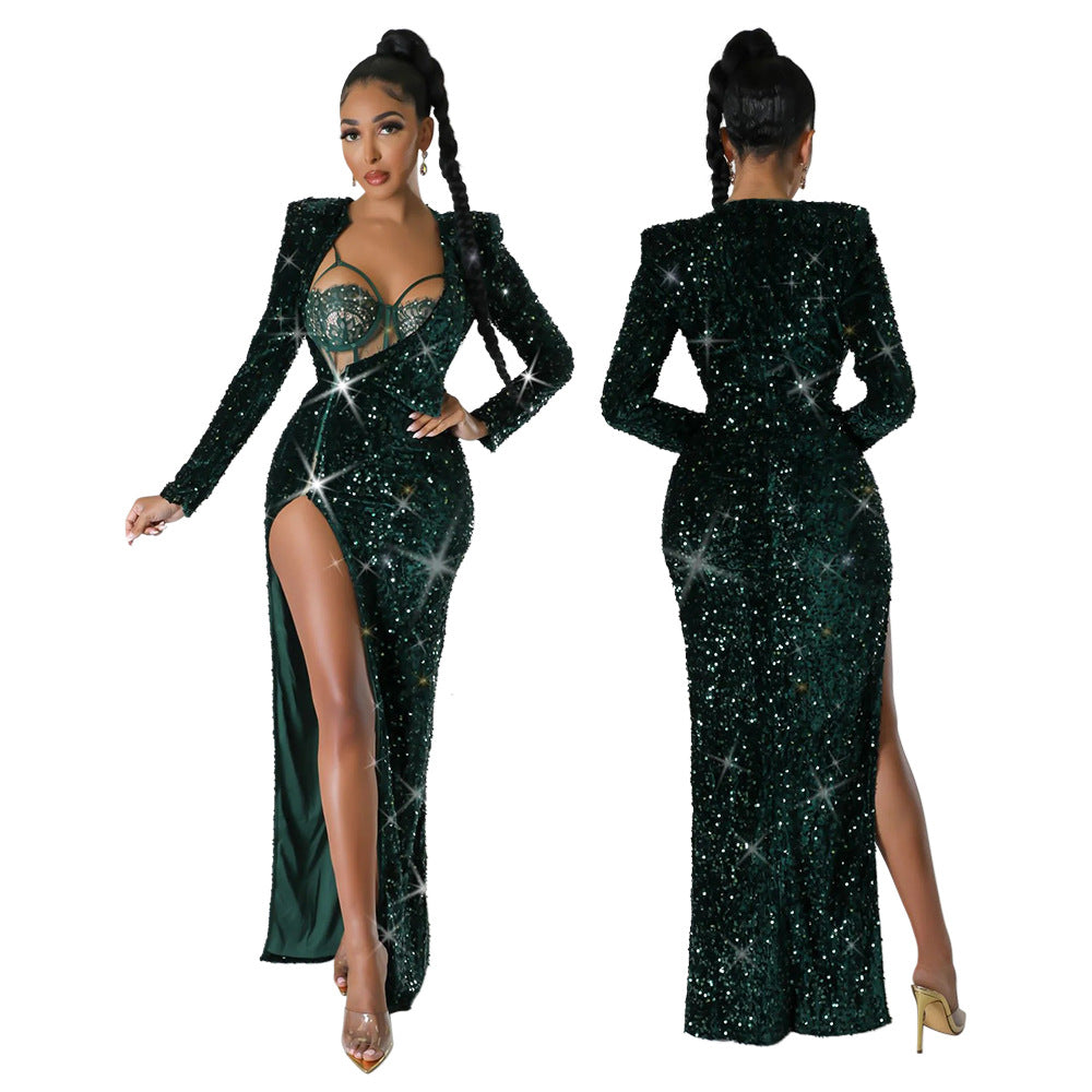 Women's Color Sequins Sexy Slit Maxi Dress Suits