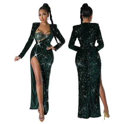 Women's Color Sequins Sexy Slit Maxi Dress Suits