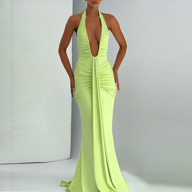 Women's Cutout Backless Slim Fit Pleated Stitching Dresses
