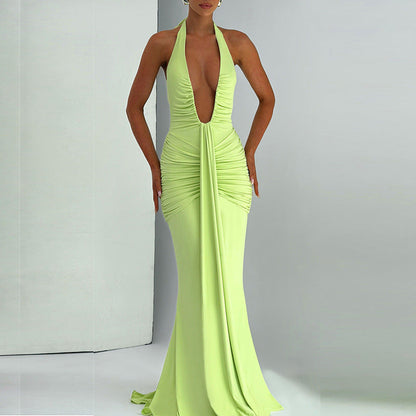 Women's Cutout Backless Slim Fit Pleated Stitching Dresses