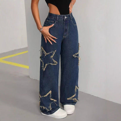 Women's Patch Pentagram Tassel Loose Burrs Straight Jeans