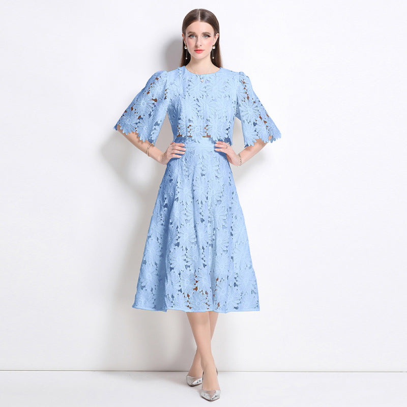 Embroidered Round Neck Flared Holiday Water-soluble Suits