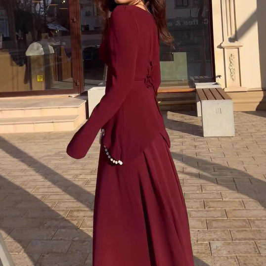 Women's Collar Long Sleeve Elegant Pearl Decoration Dresses