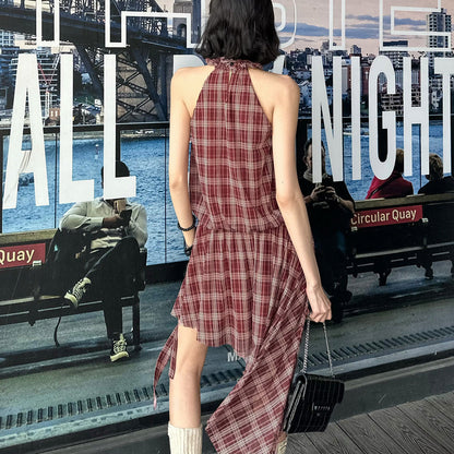 Women's Summer Asymmetric Design Slim Halter Plaid Dresses