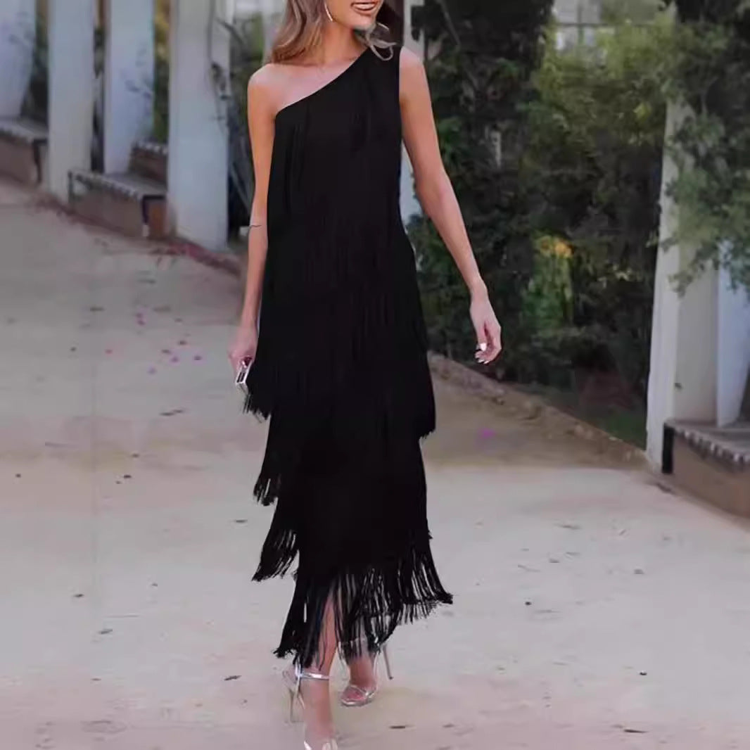 Classy Fashion Tassel Shoulder Asymmetric Dress Dresses