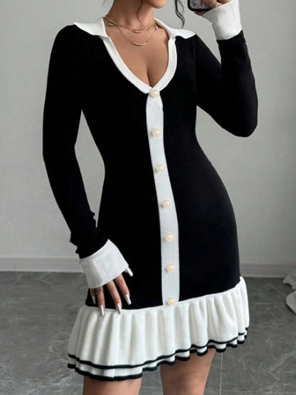 Pleated Contrast Color Lapels Button Long Dresses