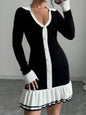 Pleated Contrast Color Lapels Button Long Dresses