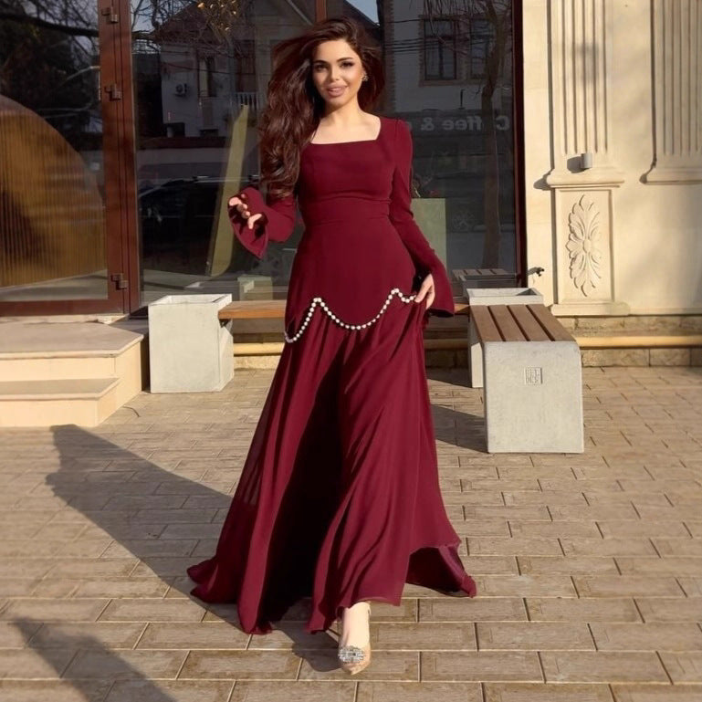 Women's Collar Long Sleeve Elegant Pearl Decoration Dresses