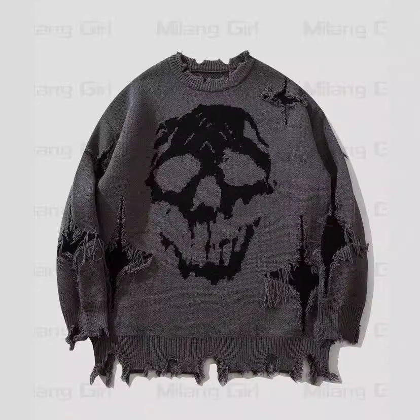 Skull Pattern Personality Street Ripped Pullover Sweaters